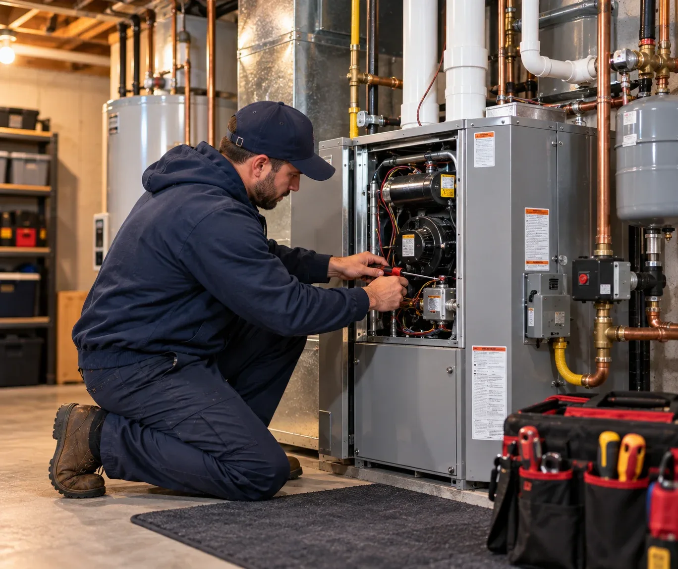 Plumber installing water heater piping and controls in a Long Island basement