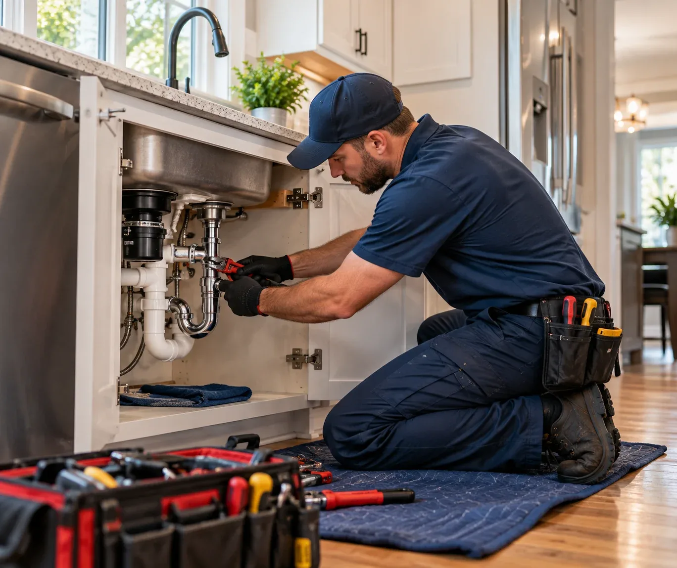 Plumber repairing a leaking sink drain and P-trap in a Long Island home